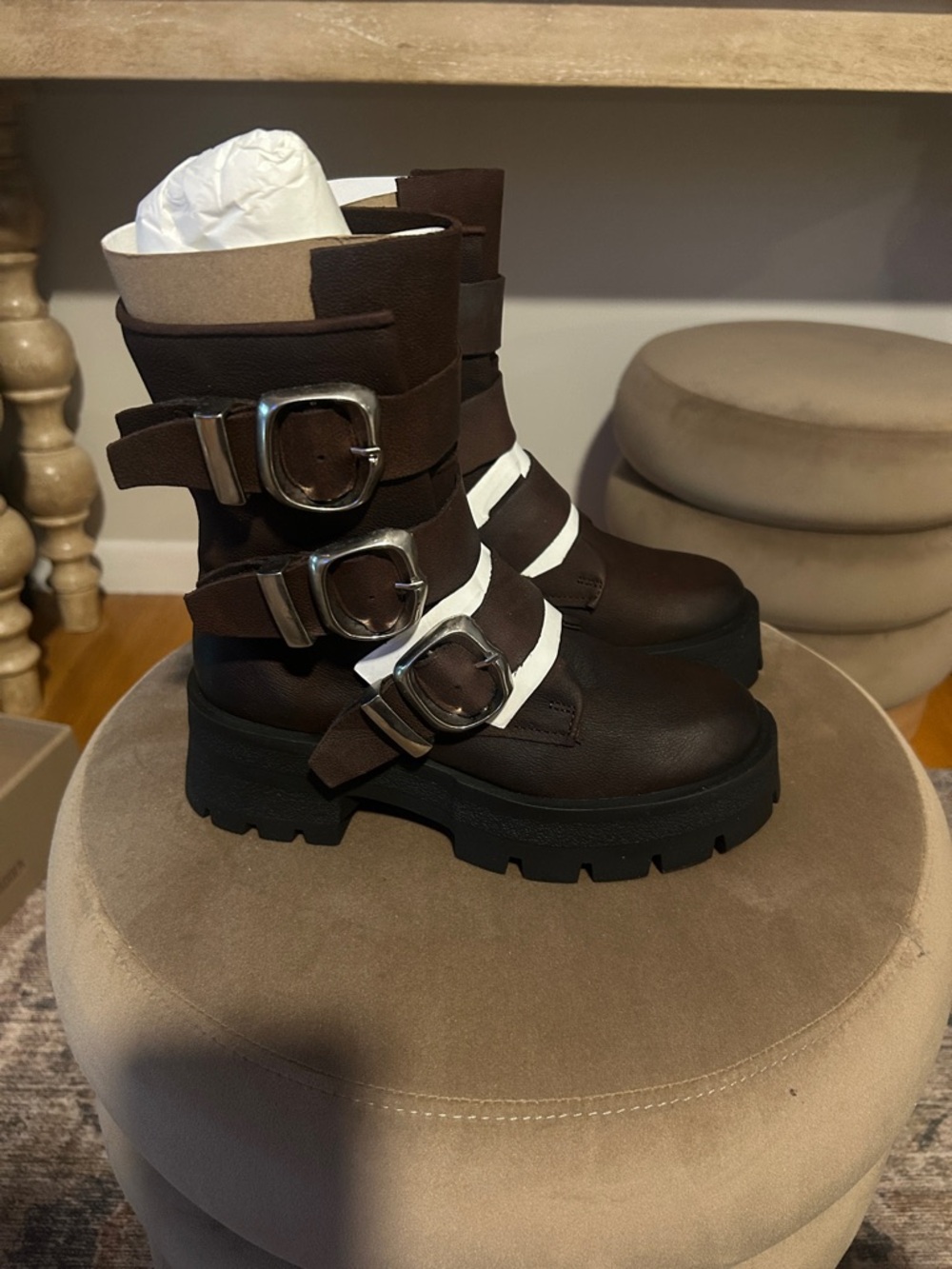 Steve Madden Dark Brown Combat Boots with Silver Buckles